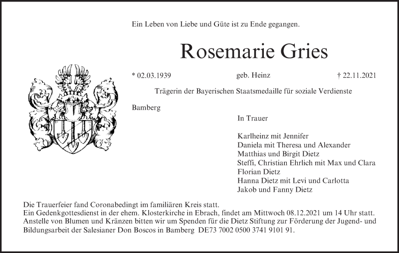  Traueranzeige für Rosemarie Gries vom 04.12.2021 aus MGO