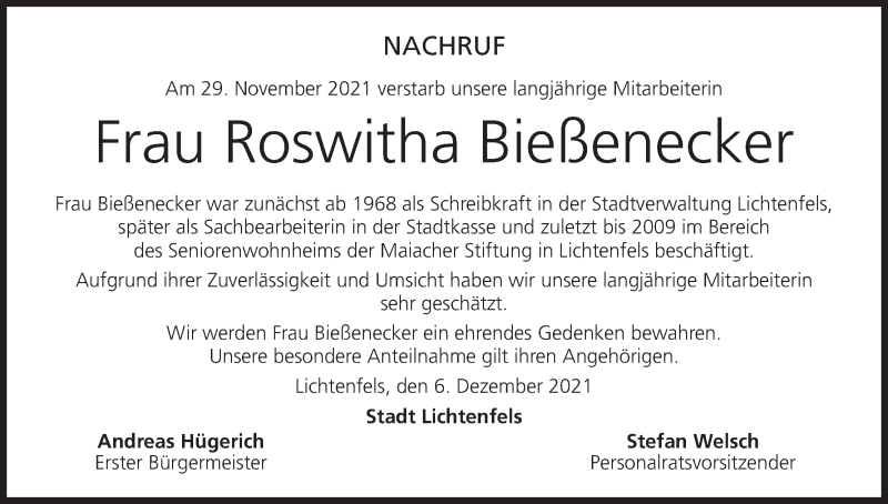  Traueranzeige für Roswitha Bießenecker vom 07.12.2021 aus MGO