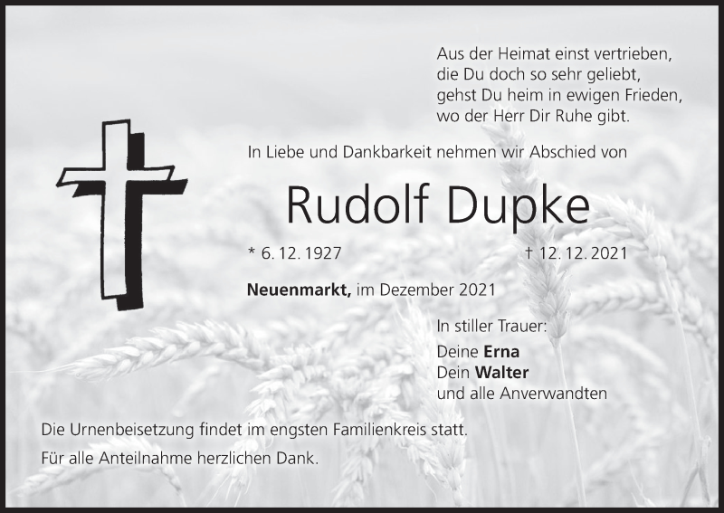  Traueranzeige für Rudolf Dupke vom 18.12.2021 aus MGO
