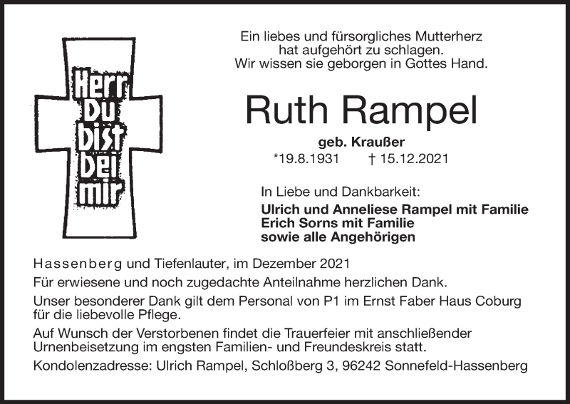  Traueranzeige für Ruth Rampel vom 18.12.2021 aus MGO