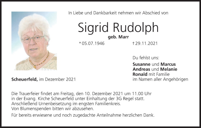  Traueranzeige für Sigrid Rudolph vom 04.12.2021 aus MGO