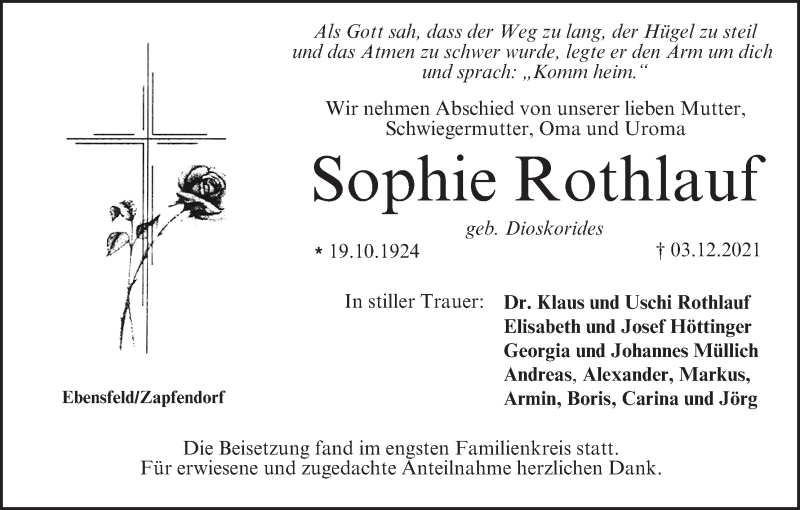  Traueranzeige für Sophie Rothlauf vom 18.12.2021 aus MGO