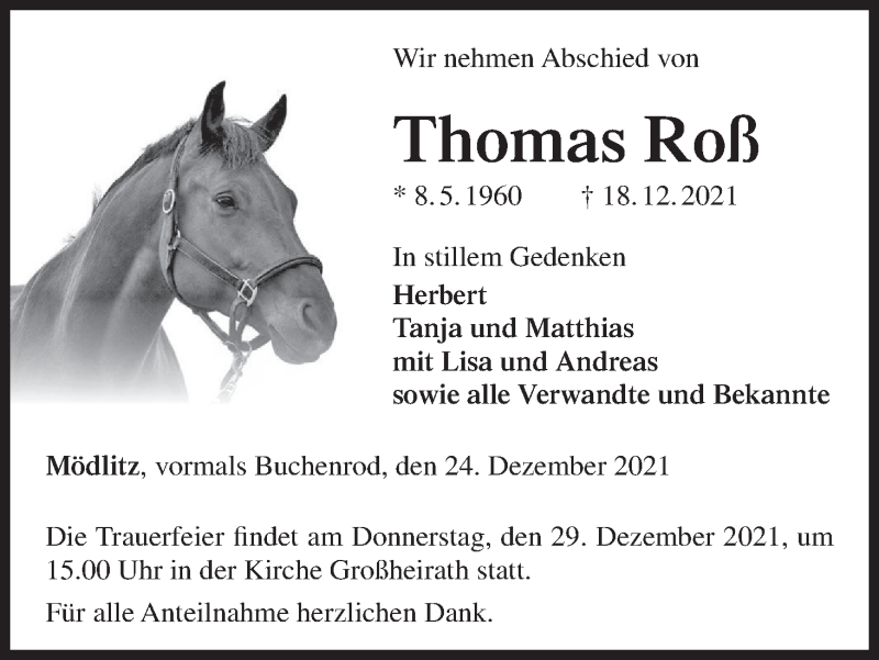  Traueranzeige für Thomas Roß vom 24.12.2021 aus MGO