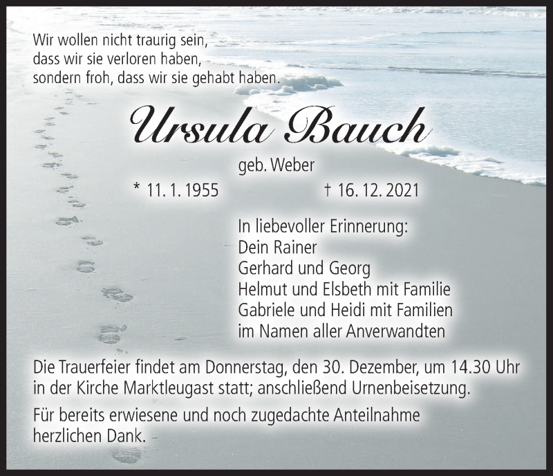  Traueranzeige für Ursula Bauch vom 29.12.2021 aus MGO