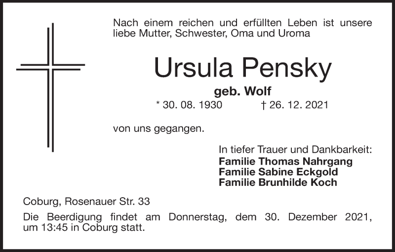  Traueranzeige für Ursula Pensky vom 29.12.2021 aus MGO