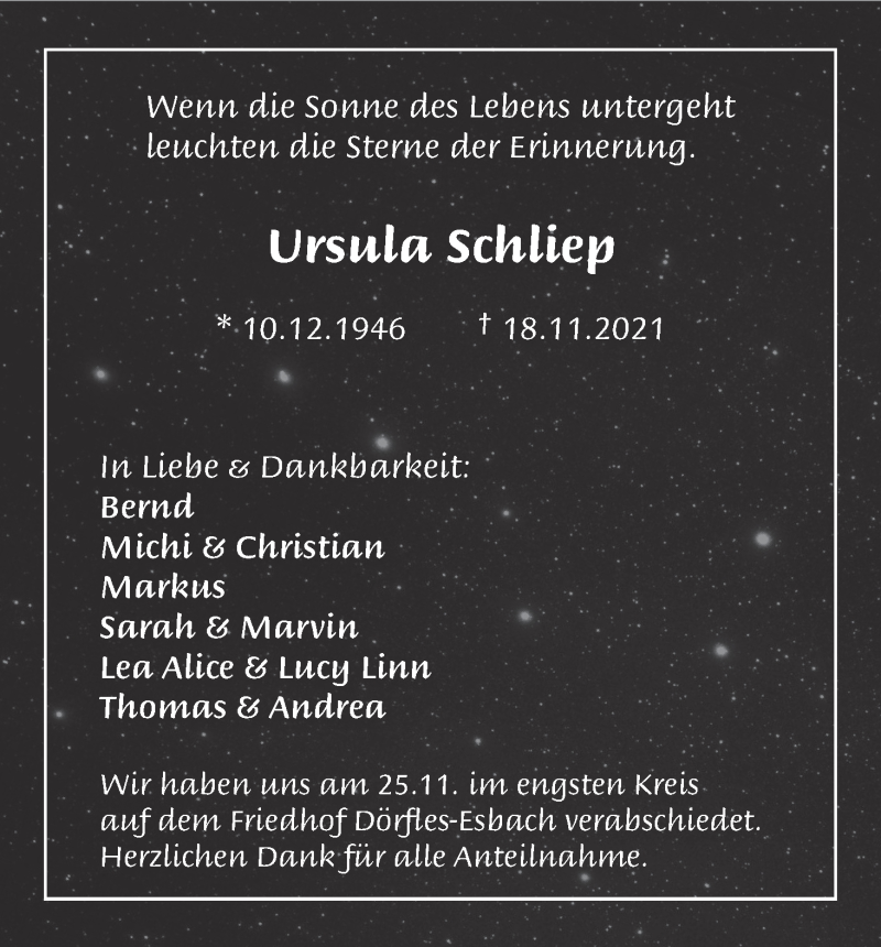  Traueranzeige für Ursula Schliep vom 04.12.2021 aus MGO