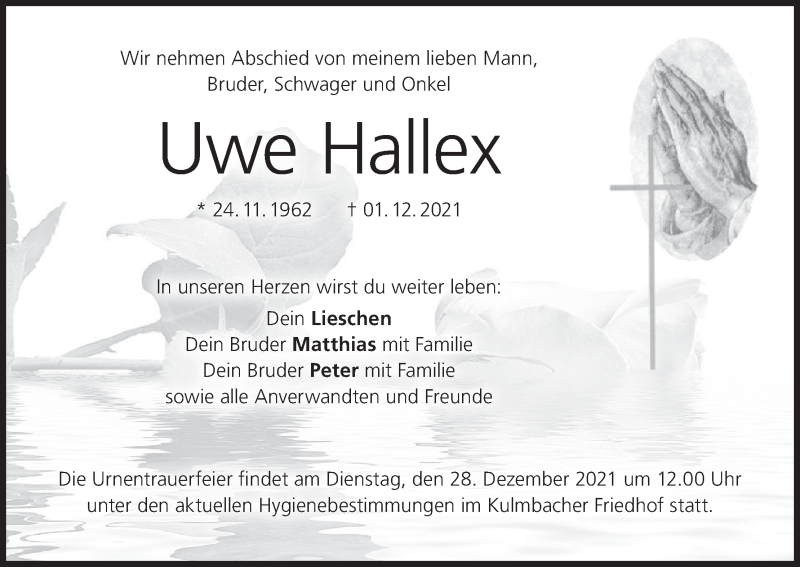  Traueranzeige für Uwe Hallex vom 24.12.2021 aus MGO