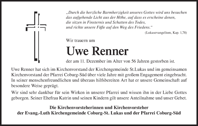  Traueranzeige für Uwe Renner vom 23.12.2021 aus MGO