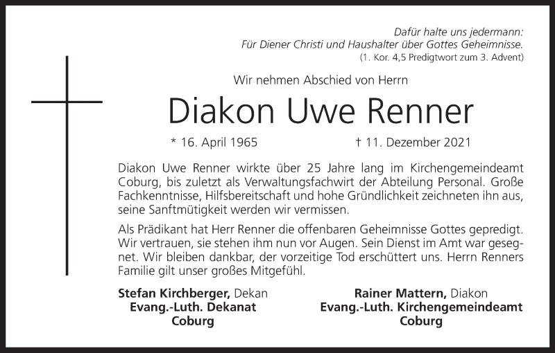  Traueranzeige für Uwe Renner vom 23.12.2021 aus MGO