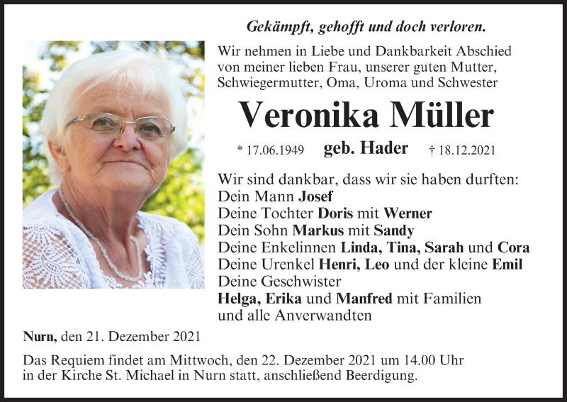  Traueranzeige für Veronika Müller vom 21.12.2021 aus MGO