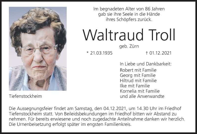  Traueranzeige für Waltraud Troll vom 03.12.2021 aus MGO