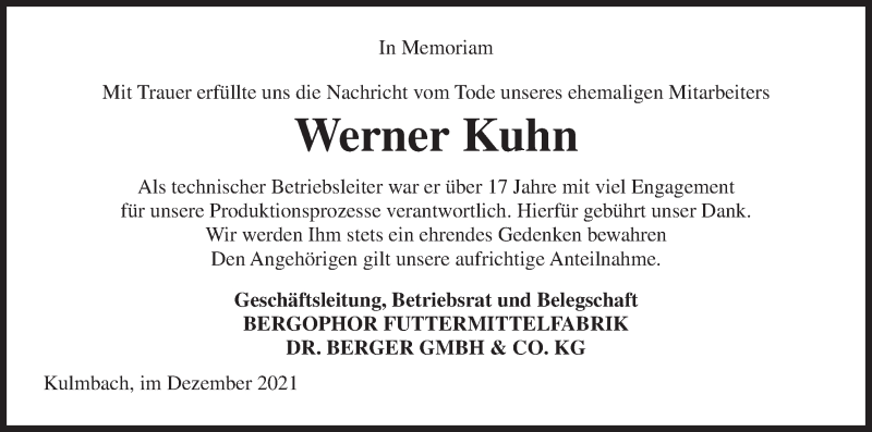  Traueranzeige für Werner Kuhn vom 21.12.2021 aus MGO
