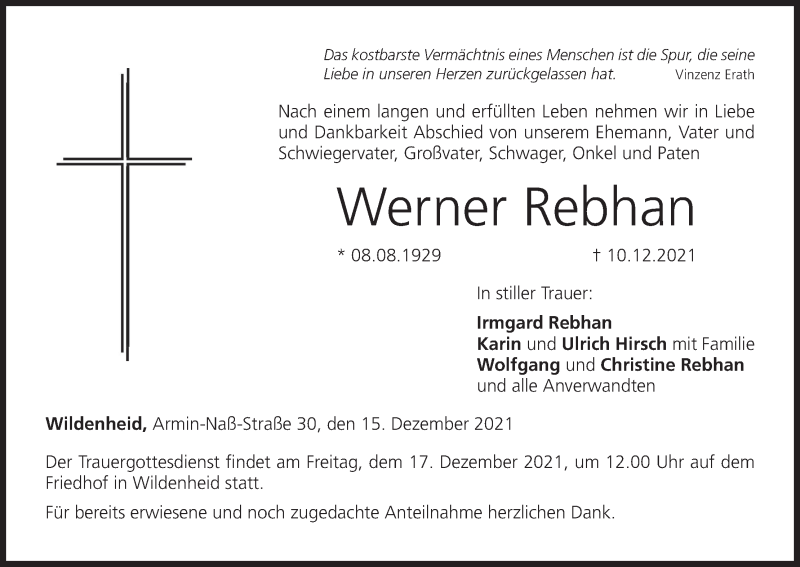  Traueranzeige für Werner Rebhan vom 15.12.2021 aus MGO