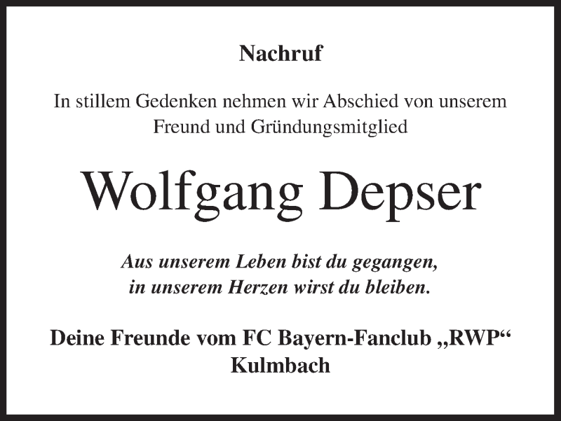  Traueranzeige für Wolfgang Depser vom 23.12.2021 aus MGO