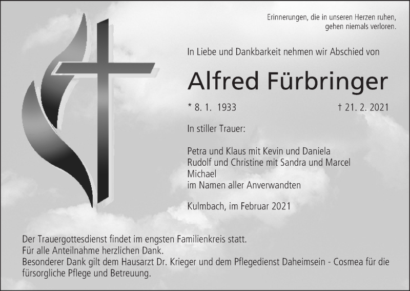  Traueranzeige für Alfred Fürbringer vom 24.02.2021 aus MGO
