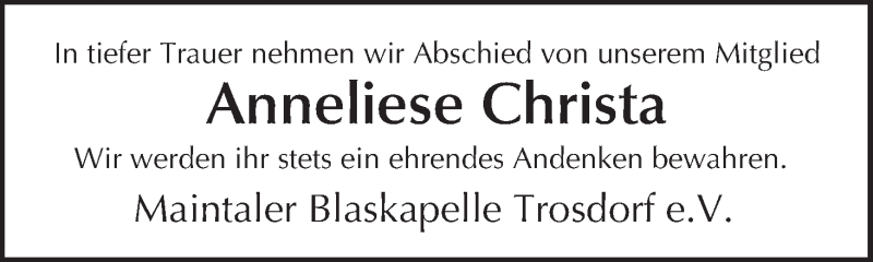  Traueranzeige für Anneliese Christa vom 10.02.2021 aus MGO