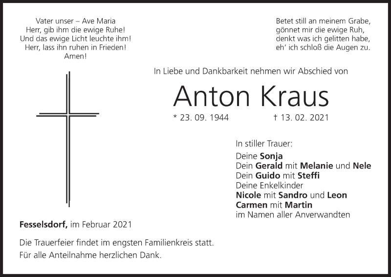  Traueranzeige für Anton Kraus vom 25.02.2021 aus MGO