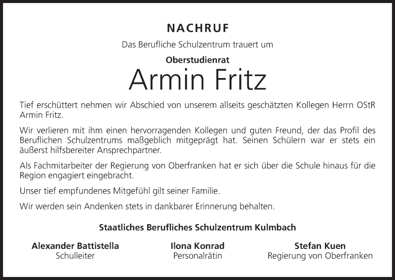  Traueranzeige für Armin Fritz vom 27.02.2021 aus MGO