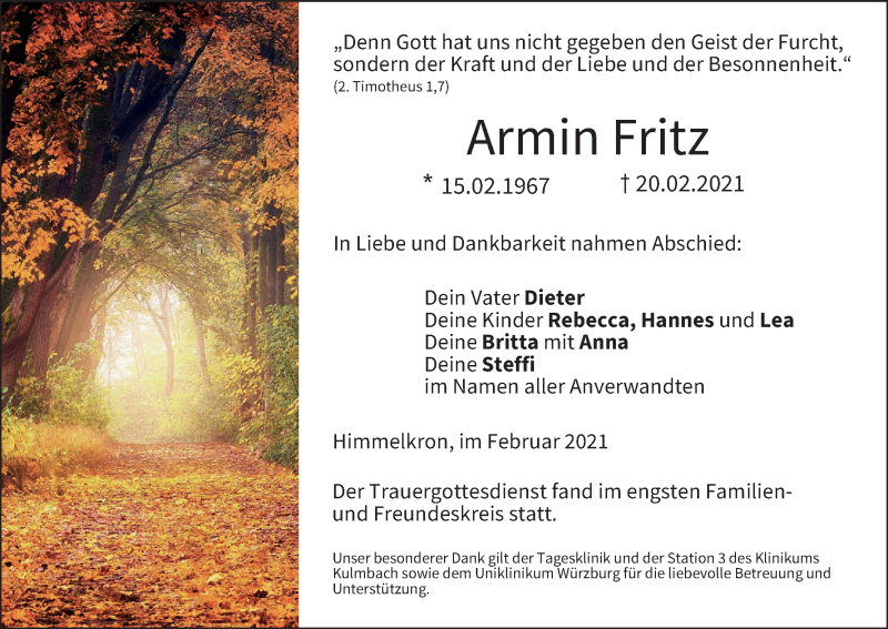  Traueranzeige für Armin Fritz vom 27.02.2021 aus MGO