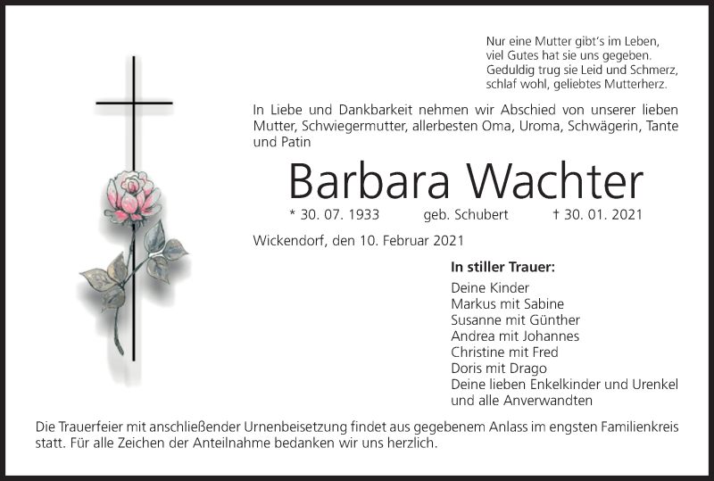  Traueranzeige für Barbara Wachter vom 10.02.2021 aus MGO