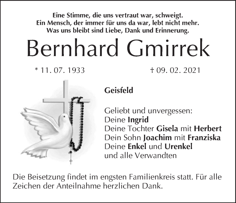  Traueranzeige für Bernhard Gmirrek vom 13.02.2021 aus MGO