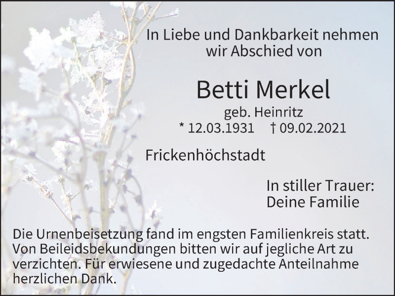  Traueranzeige für Betti Merket vom 16.02.2021 aus MGO