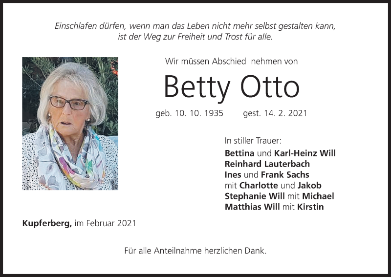 Traueranzeige für Betty Otto vom 20.02.2021 aus MGO