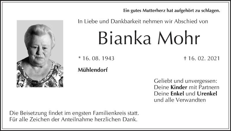  Traueranzeige für Bianka Mohr vom 20.02.2021 aus MGO