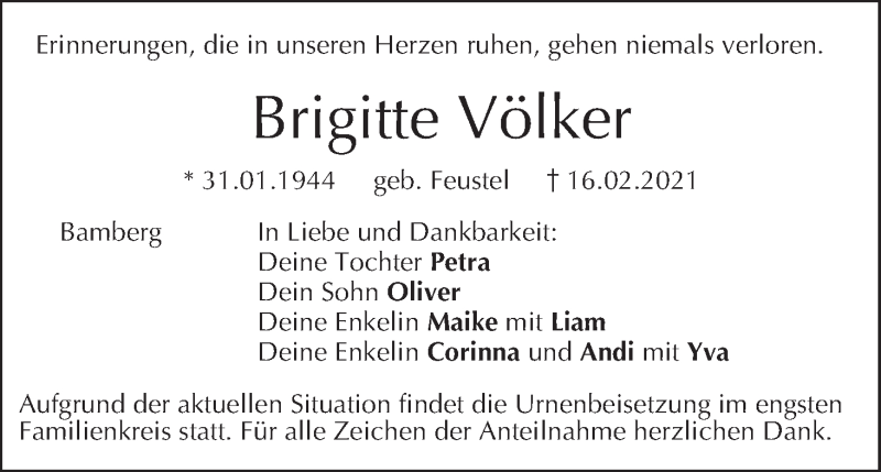  Traueranzeige für Brigitte Völker vom 20.02.2021 aus MGO