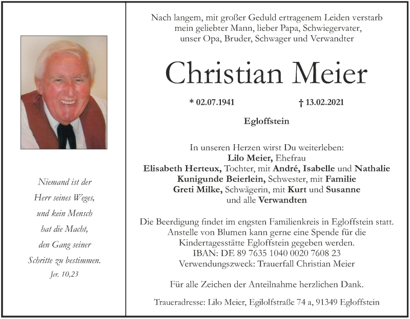  Traueranzeige für Christian Meier vom 17.02.2021 aus MGO
