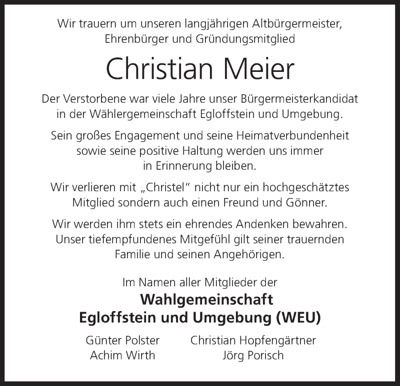 Traueranzeige für Christian Meier vom 18.02.2021 aus MGO