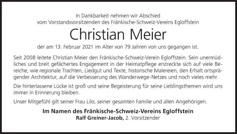  Traueranzeige für Christian Meier vom 20.02.2021 aus MGO