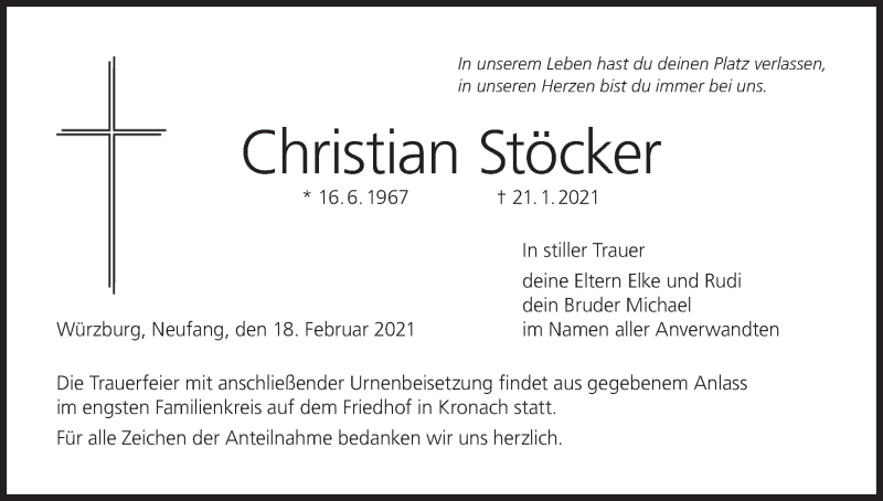  Traueranzeige für Christian Stöcker vom 18.02.2021 aus MGO