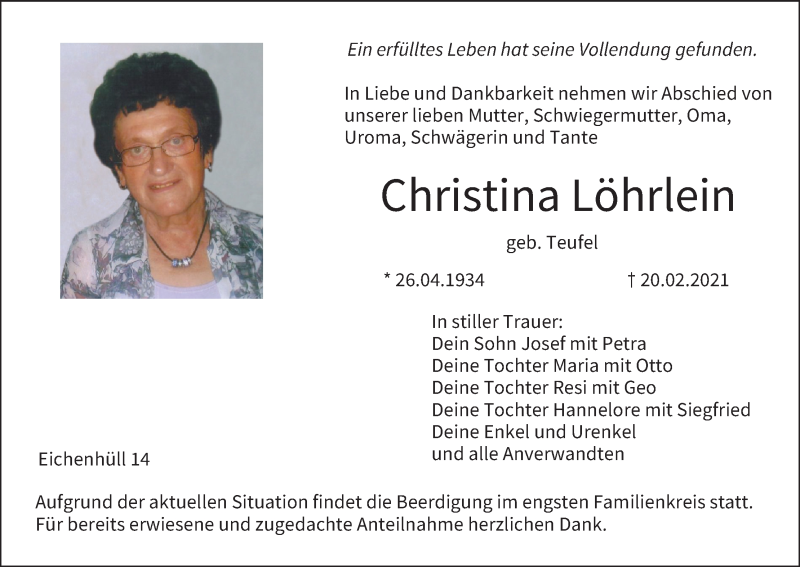  Traueranzeige für Christina Löhrlein vom 22.02.2021 aus MGO
