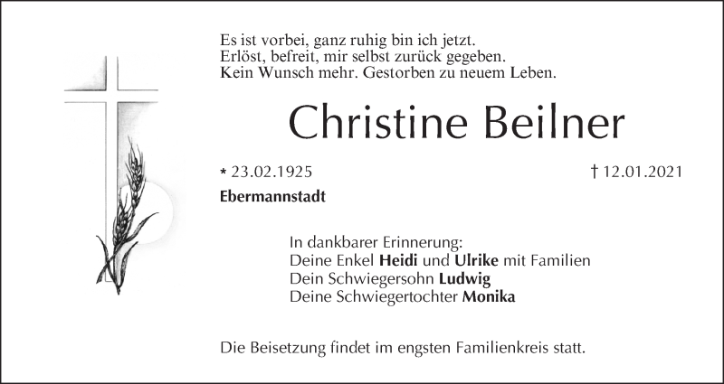  Traueranzeige für Christine Beilner vom 20.02.2021 aus MGO