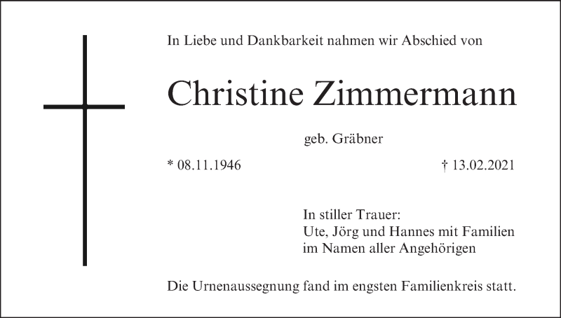  Traueranzeige für Christine Zimmermann vom 27.02.2021 aus MGO