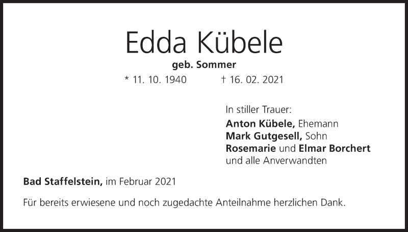  Traueranzeige für Edda Kübele vom 20.02.2021 aus MGO