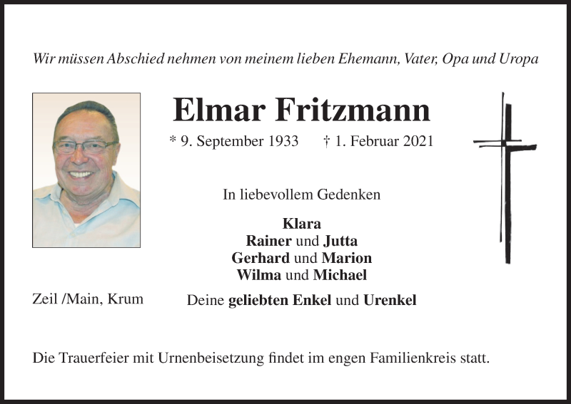  Traueranzeige für Elmar Fritzmann vom 06.02.2021 aus MGO