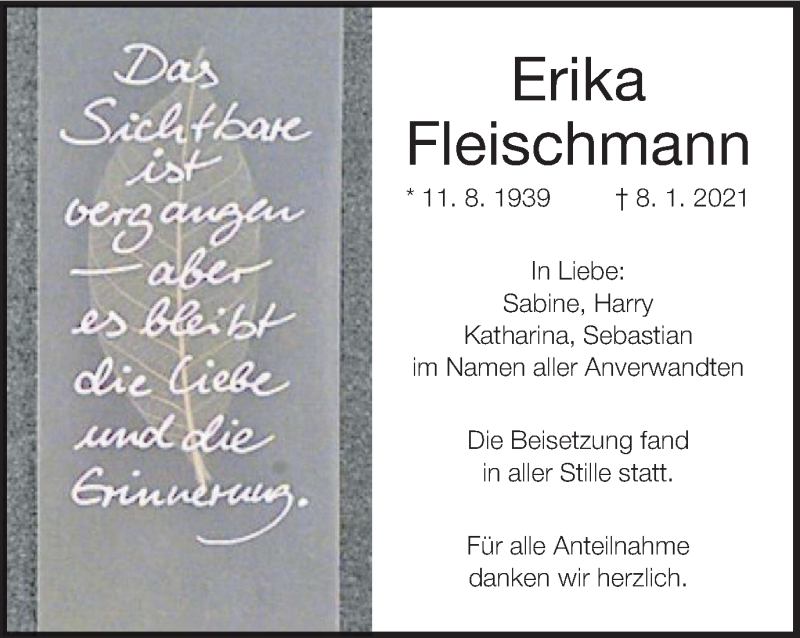  Traueranzeige für Erika Fleischmann vom 06.02.2021 aus MGO