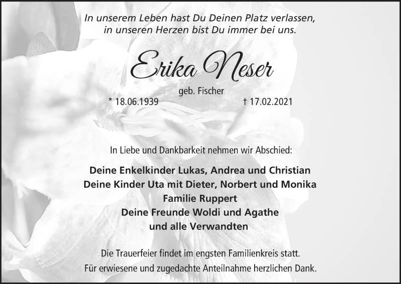  Traueranzeige für Erika Neser vom 20.02.2021 aus MGO