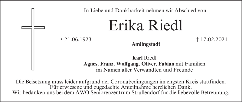  Traueranzeige für Erika Riedl vom 27.02.2021 aus MGO