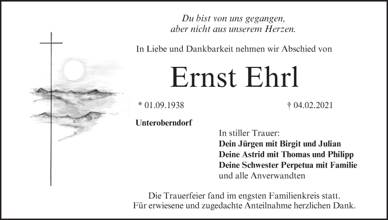  Traueranzeige für Ernst Ehrl vom 13.02.2021 aus MGO