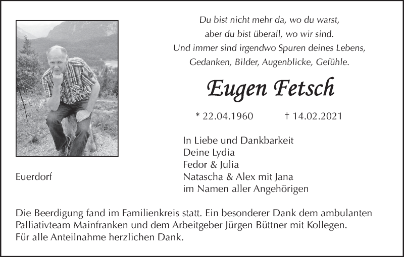  Traueranzeige für Eugen Fetsch vom 20.02.2021 aus MGO