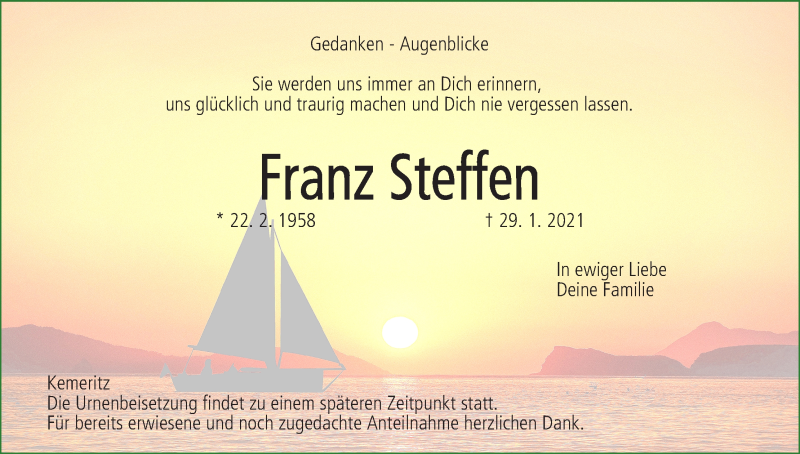  Traueranzeige für Franz Steffen vom 06.02.2021 aus MGO