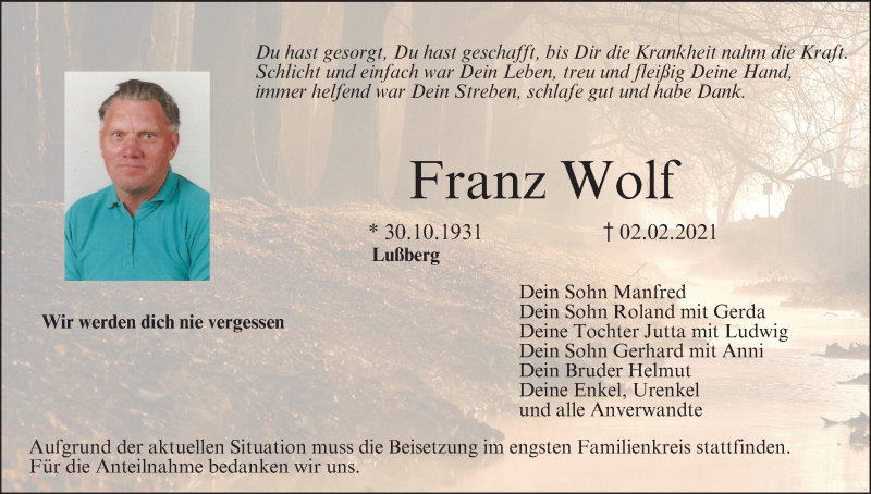  Traueranzeige für Franz Wolf vom 05.02.2021 aus MGO