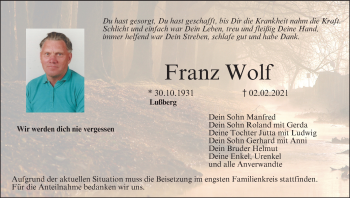 Anzeige von Franz Wolf von MGO