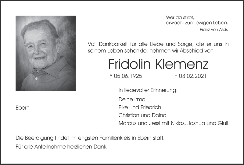  Traueranzeige für Fridolin Klemenz vom 06.02.2021 aus MGO