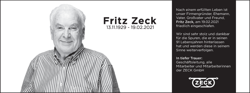  Traueranzeige für Fritz Zeck vom 20.02.2021 aus MGO