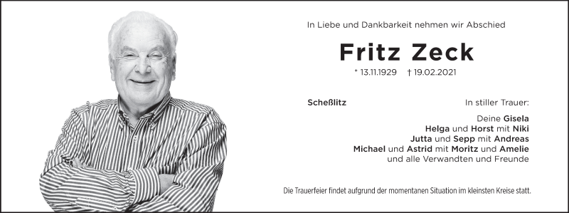  Traueranzeige für Fritz Zeck vom 20.02.2021 aus MGO