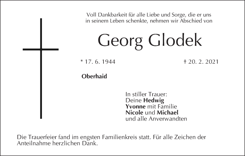  Traueranzeige für Georg Glodek vom 27.02.2021 aus MGO